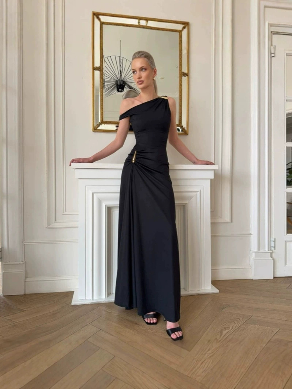 Zara One Shoulder Evening Dress Metallic Buckle Slim Waist Long Gown